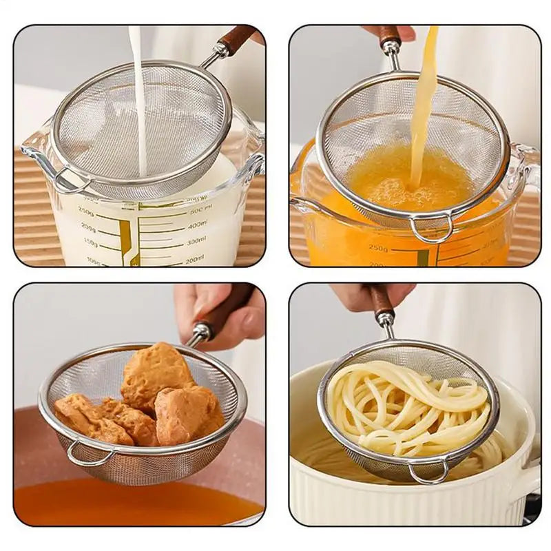 Stainless Steel Mesh Strainer – Wooden Handle Kitchen Tool