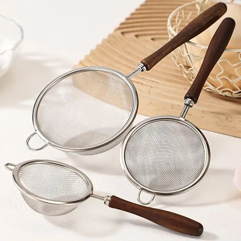 Stainless Steel Mesh Strainer – Wooden Handle Kitchen Tool